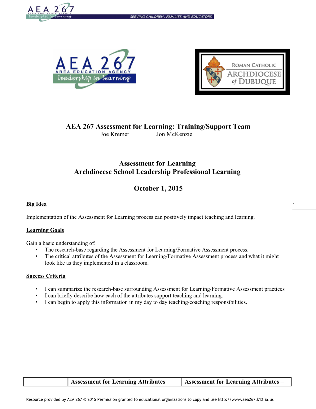 AEA 267 Assessment for Learning: Training/Support Team