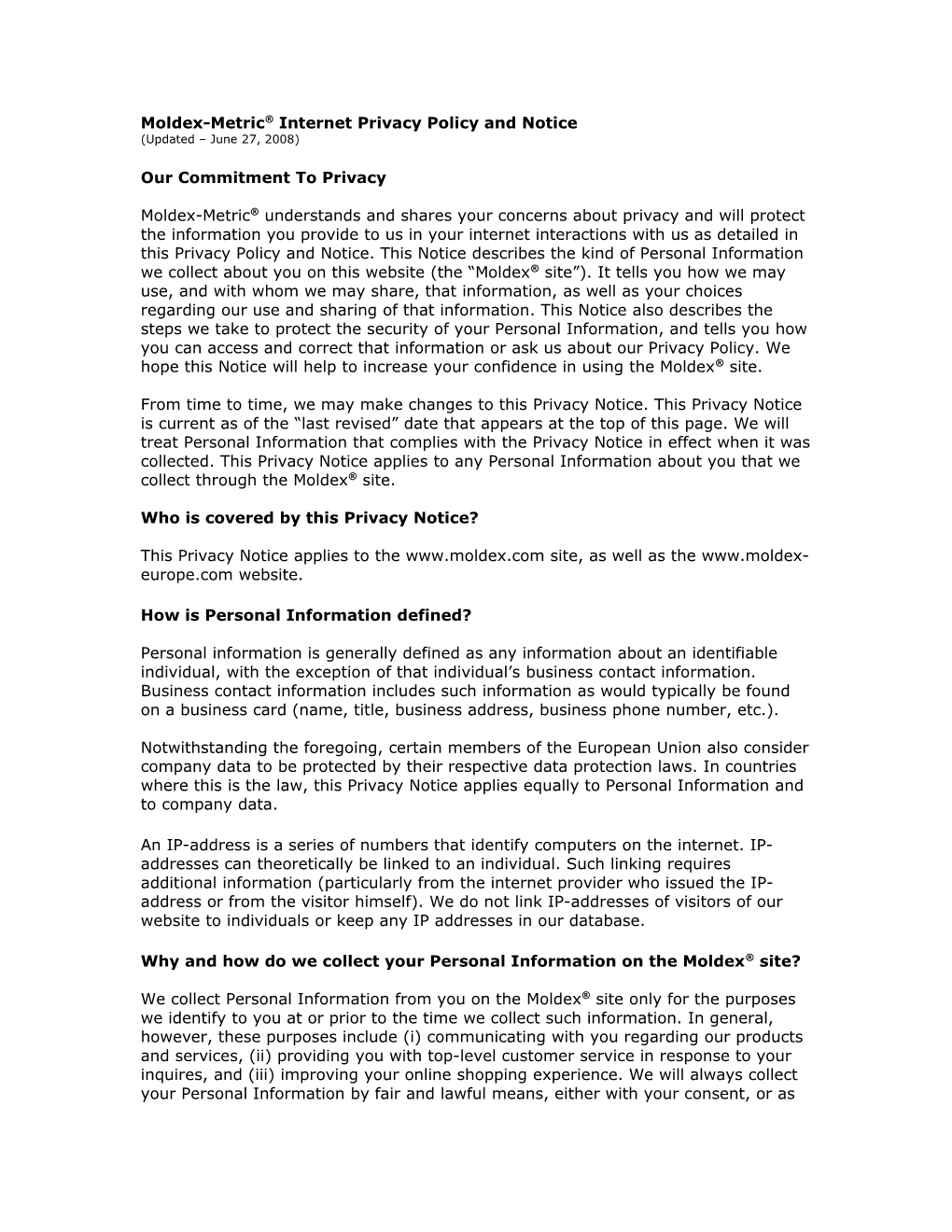 Moldex Metric Internet Privacy Policy and Notice