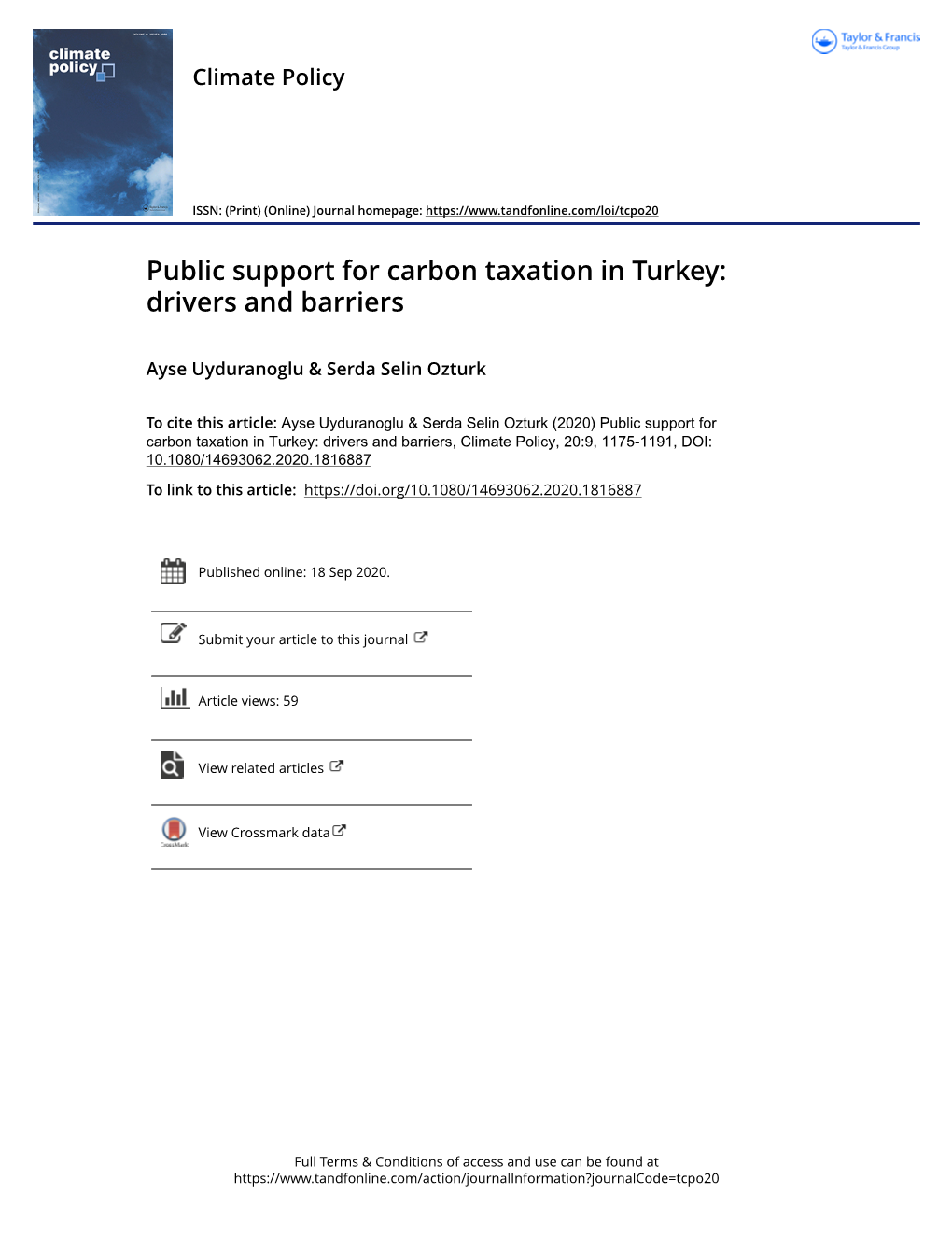 Public Support for Carbon Taxation in Turkey: Drivers and Barriers