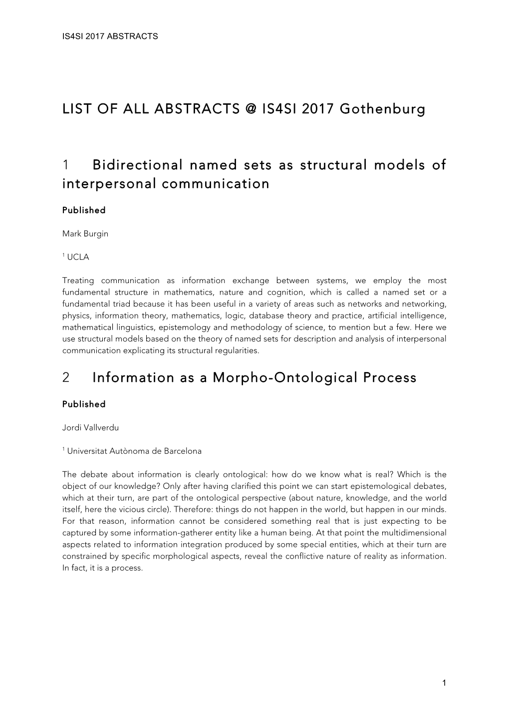 LIST of ALL ABSTRACTS @ IS4SI 2017 Gothenburg 1 Bidirectional