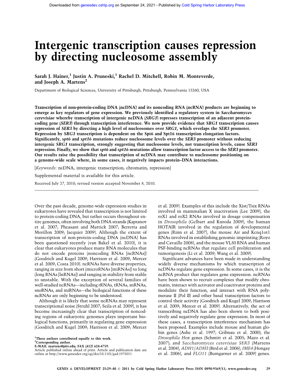 Intergenic Transcription Causes Repression by Directing Nucleosome Assembly