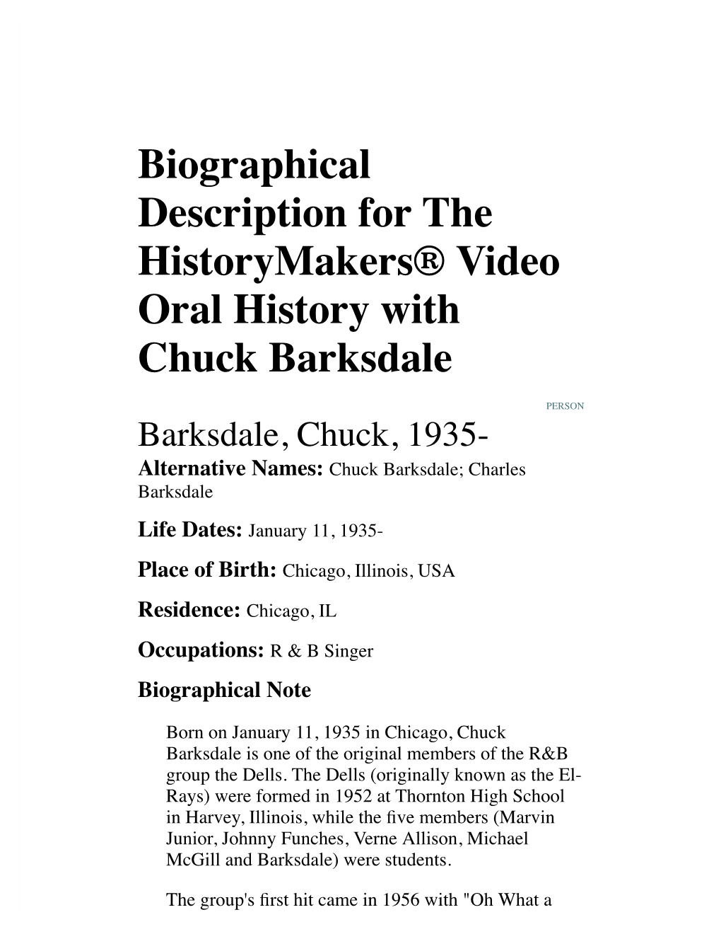 Biographical Description for the Historymakers® Video Oral History with Chuck Barksdale