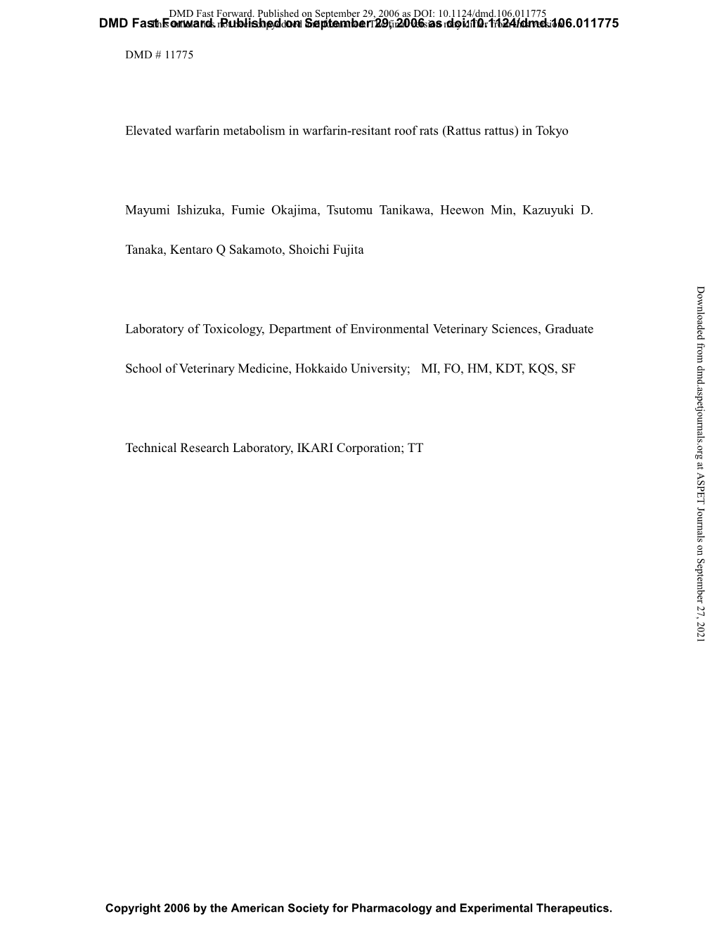 Elevated Warfarin Metabolism in Warfarin-Resitant Roof Rats (Rattus Rattus) in Tokyo