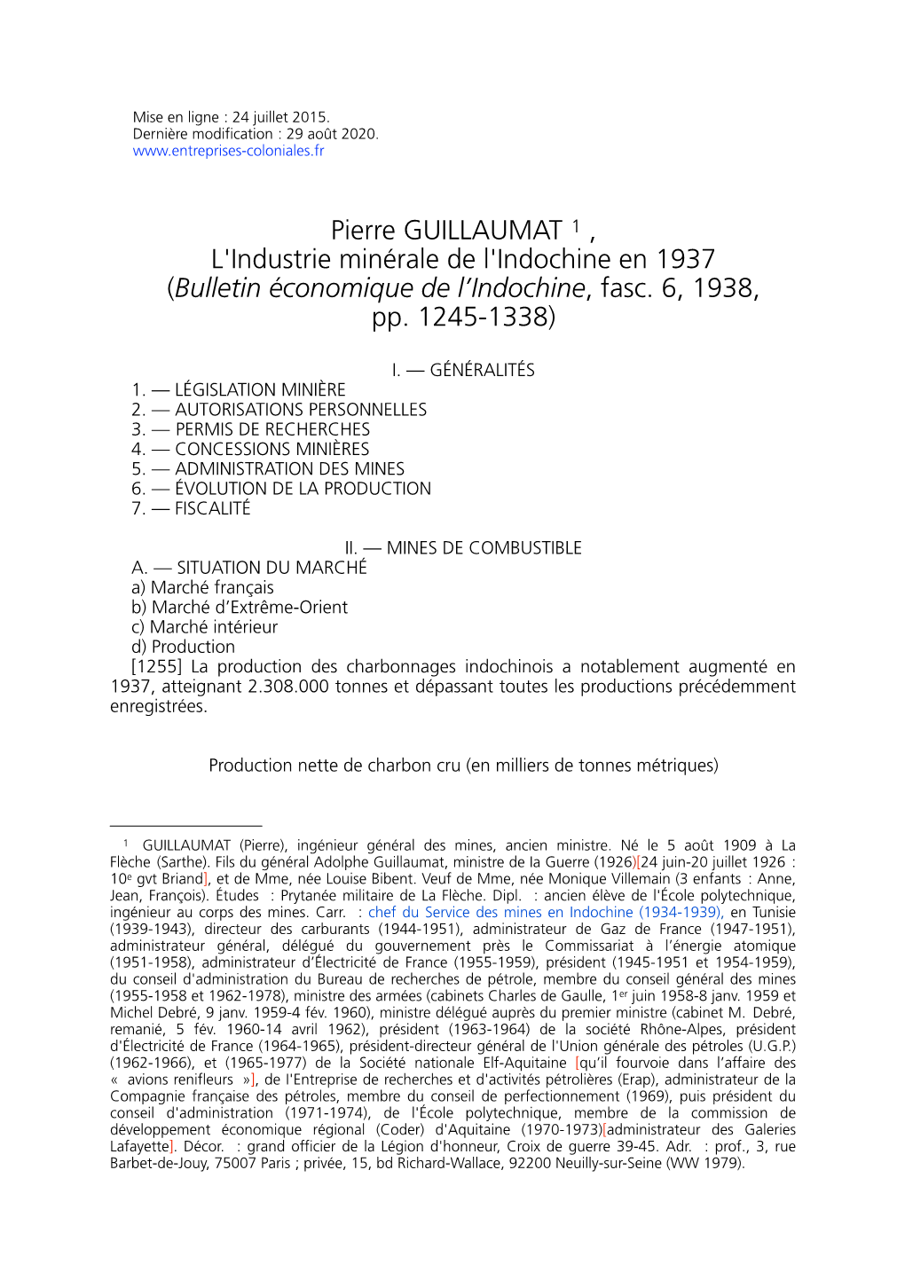 Pierre GUILLAUMAT 1 , L'industrie Minérale De L'indochine En 1937 (Bulletin Économique De L’Indochine, Fasc