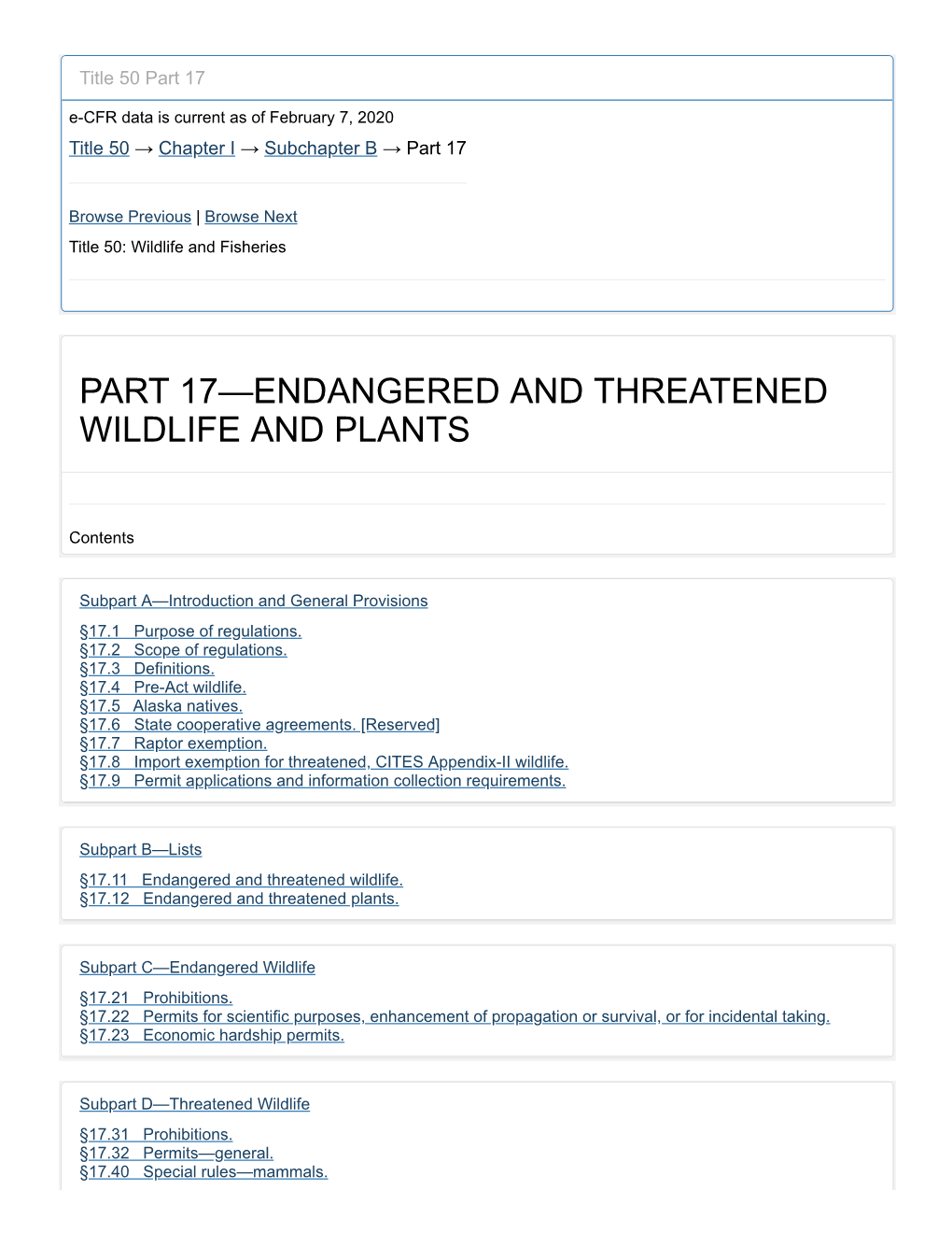 50 CFR Part 17 Endangered and Threatened Wildlife