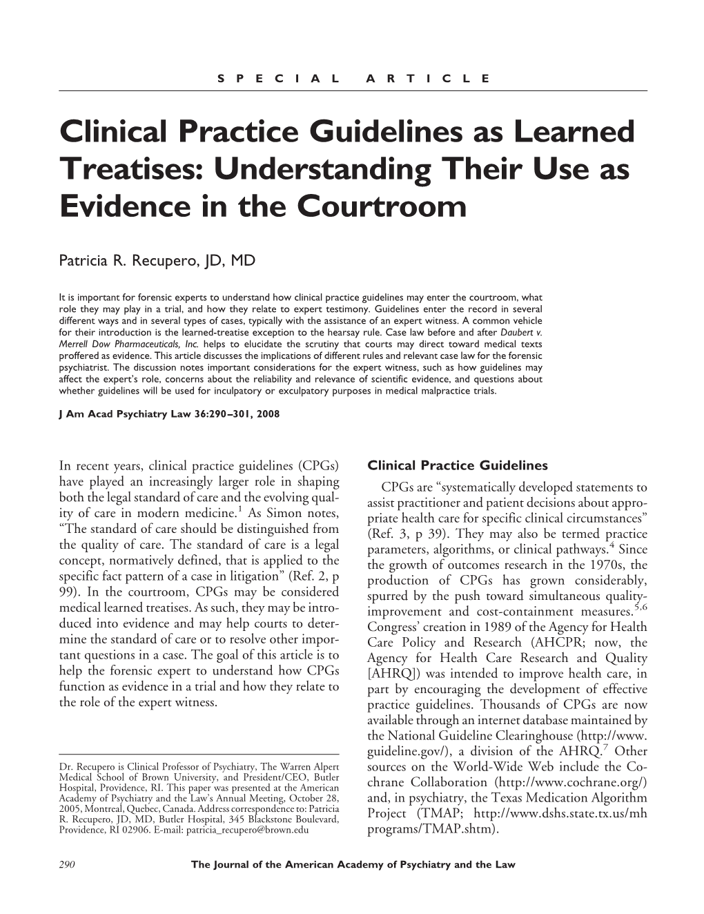 Clinical Practice Guidelines As Learned Treatises: Understanding Their Use As Evidence in the Courtroom