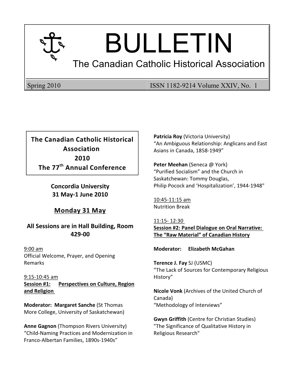 BULLETIN the Canadian Catholic Historical Association