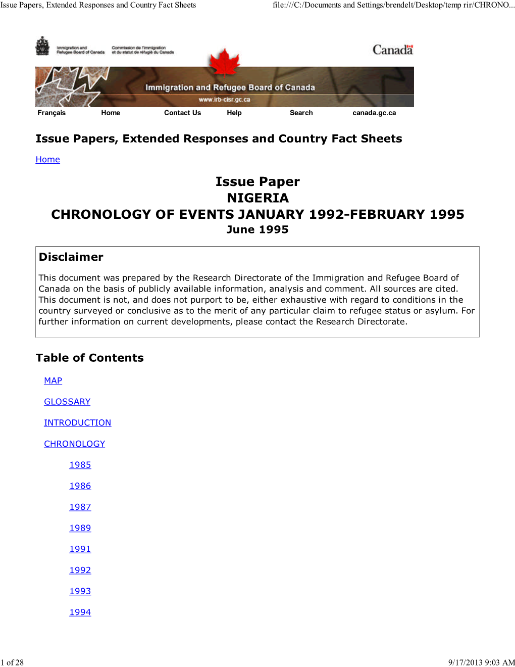 Issue Paper NIGERIA CHRONOLOGY of EVENTS JANUARY 1992-FEBRUARY 1995 June 1995