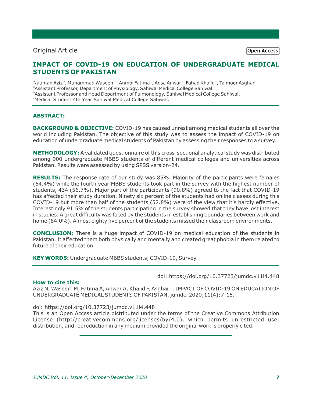 Original Article IMPACT of COVID-19 on EDUCATION of UNDERGRADUATE MEDICAL STUDENTS of PAKISTAN