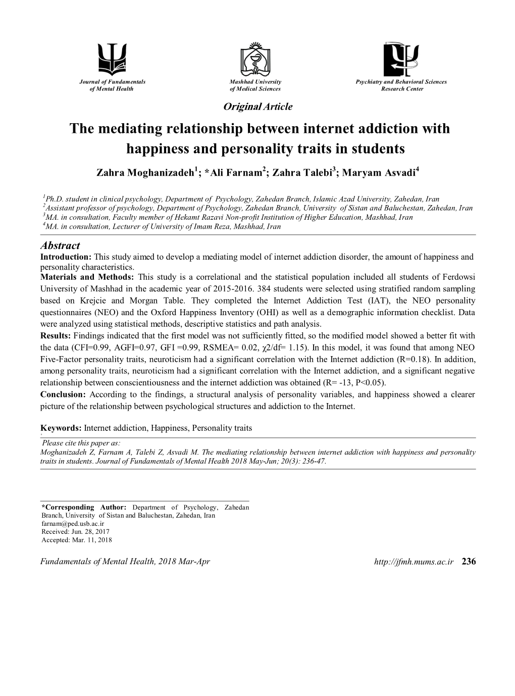 The Mediating Relationship Between Internet Addiction with Happiness and Personality Traits in Students