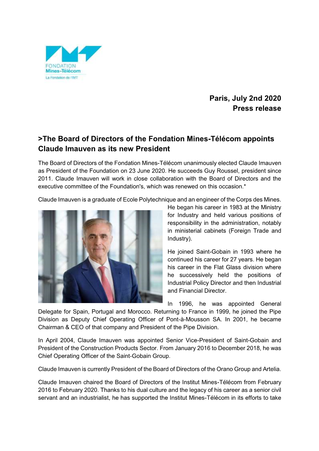 Paris, July 2Nd 2020 Press Release >The Board of Directors of the Fondation Mines-Télécom Appoints Claude Imauven As Its Ne