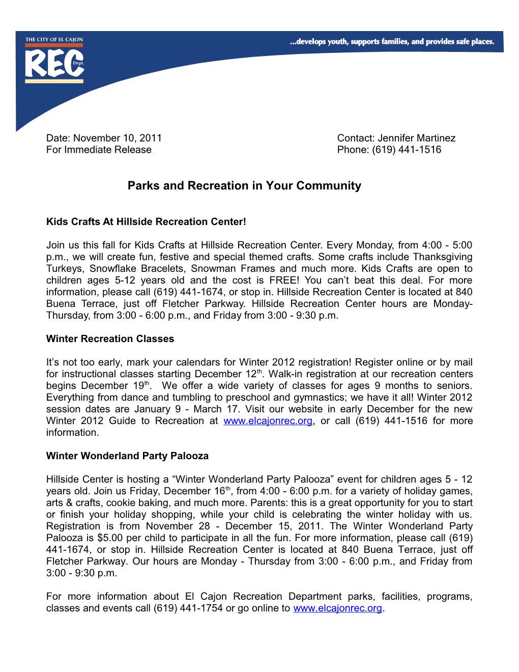 Recreation in Your Community with the City of El Cajon Recreation Department