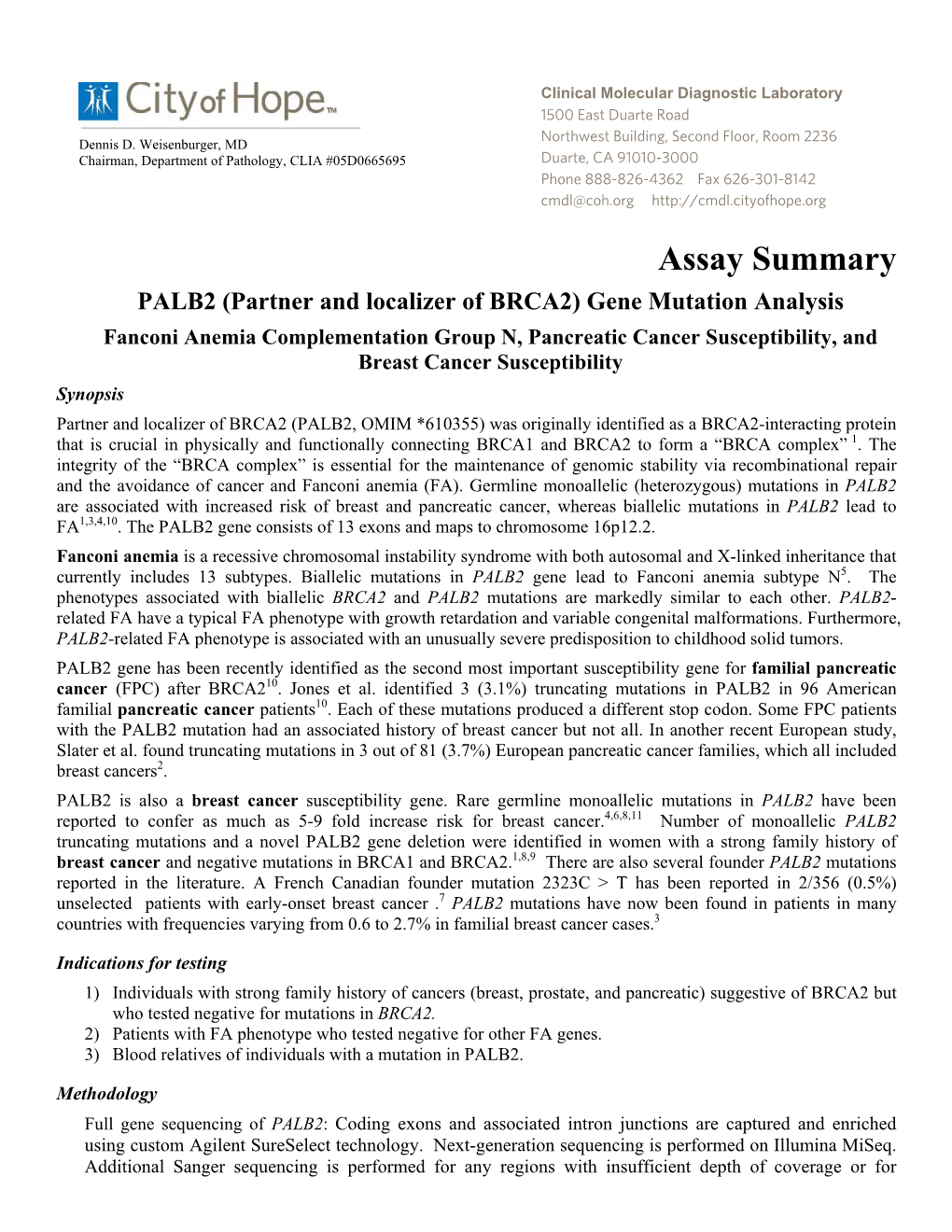 PALB2 Gene Mutation Analysis Assay Summary
