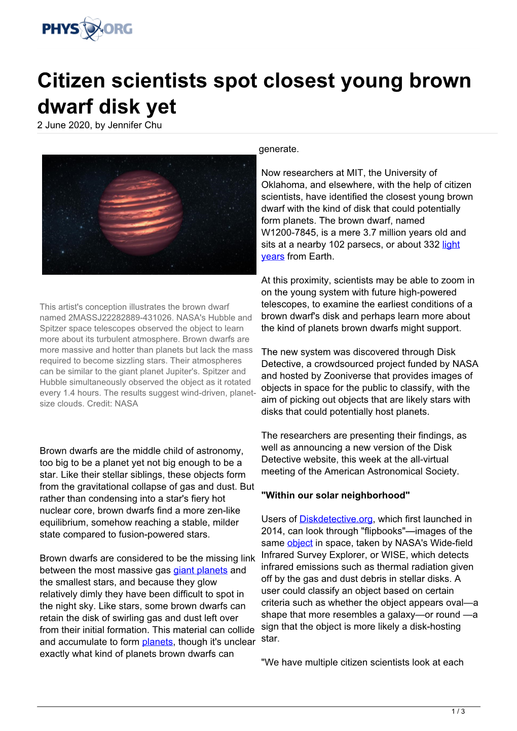 Citizen Scientists Spot Closest Young Brown Dwarf Disk Yet 2 June 2020, by Jennifer Chu