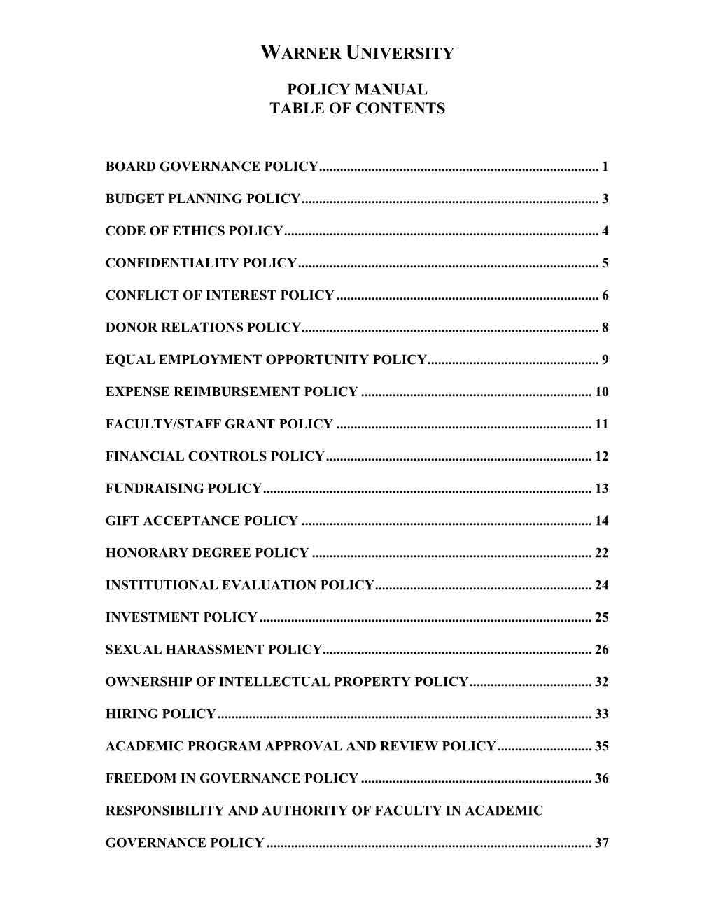 Warner University Policy Manual Table of Contents