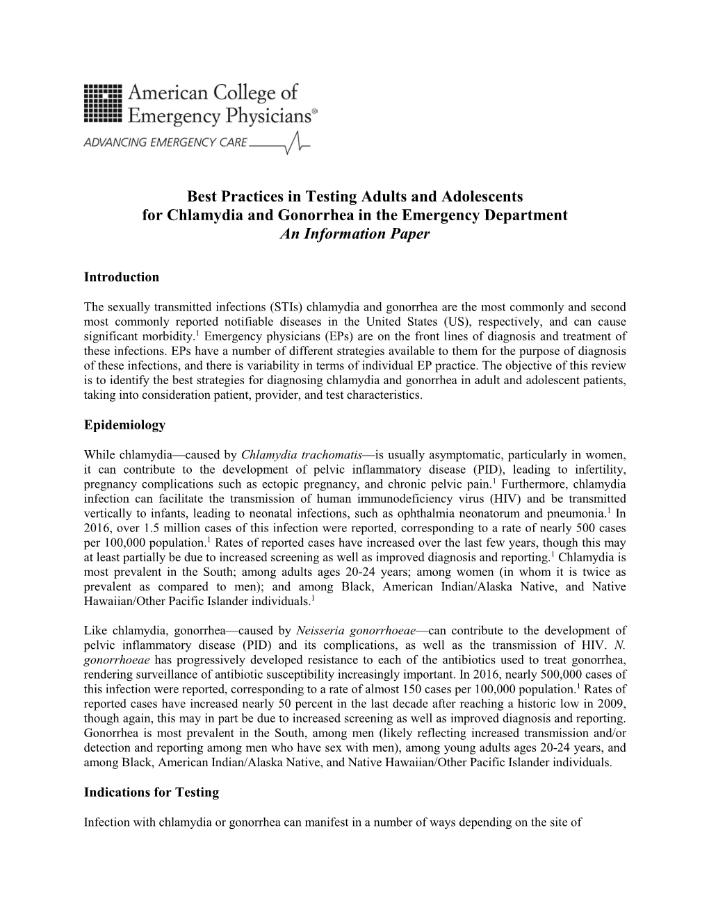 Practices in Testing Adults and Adolescents for Chlamydia and Gonorrhea in the Emergency Department an Information Paper