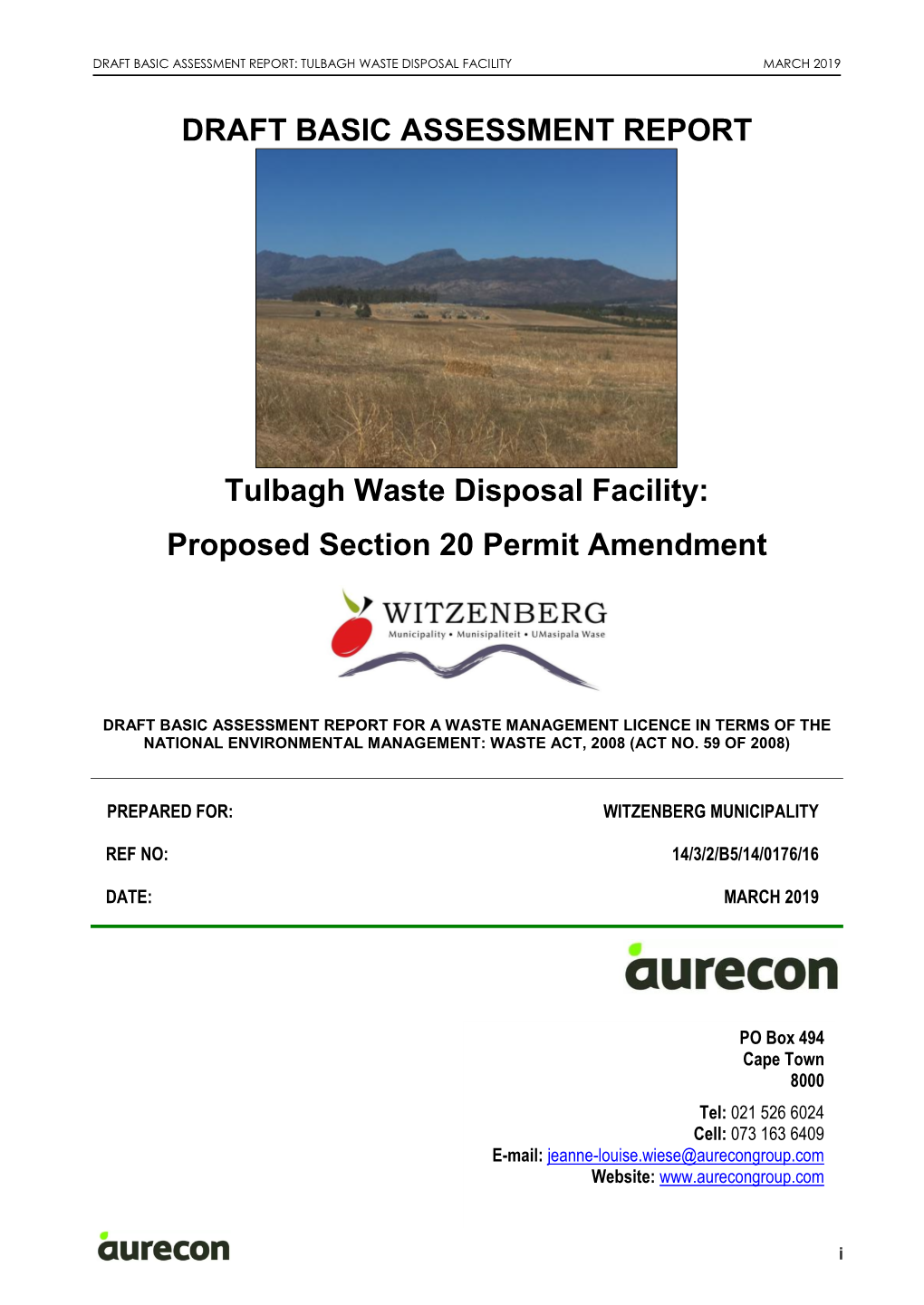 DRAFT BASIC ASSESSMENT REPORT Tulbagh Waste Disposal Facility: Proposed Section 20 Permit Amendment