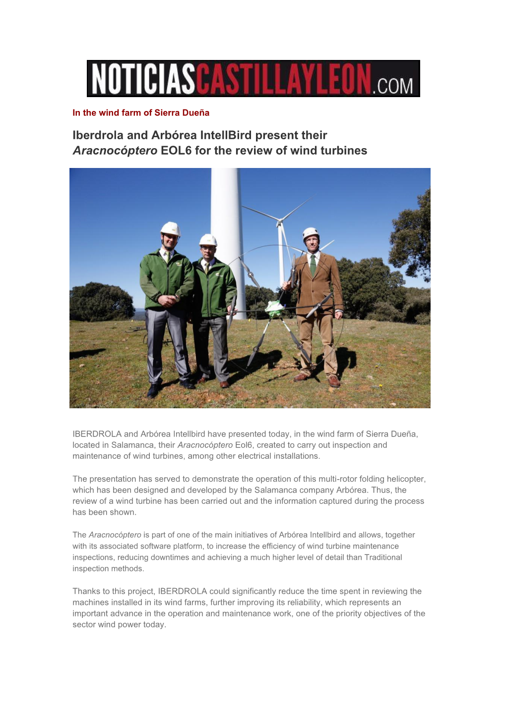 Iberdrola and Arbórea Intellbird Present Their Aracnocóptero EOL6 for the Review of Wind Turbines