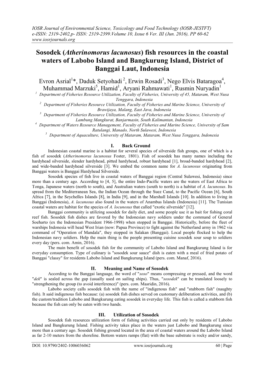 Sosodek (Atherinomorus Lacunosus) Fish Resources in the Coastal Waters of Labobo Island and Bangkurung Island, District of Banggai Laut, Indonesia