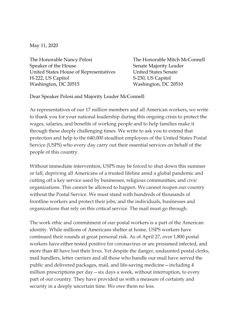 May 11, 2020 the Honorable Nancy Pelosi Speaker of the House United States House of Representatives H-222, US Capitol Washingto