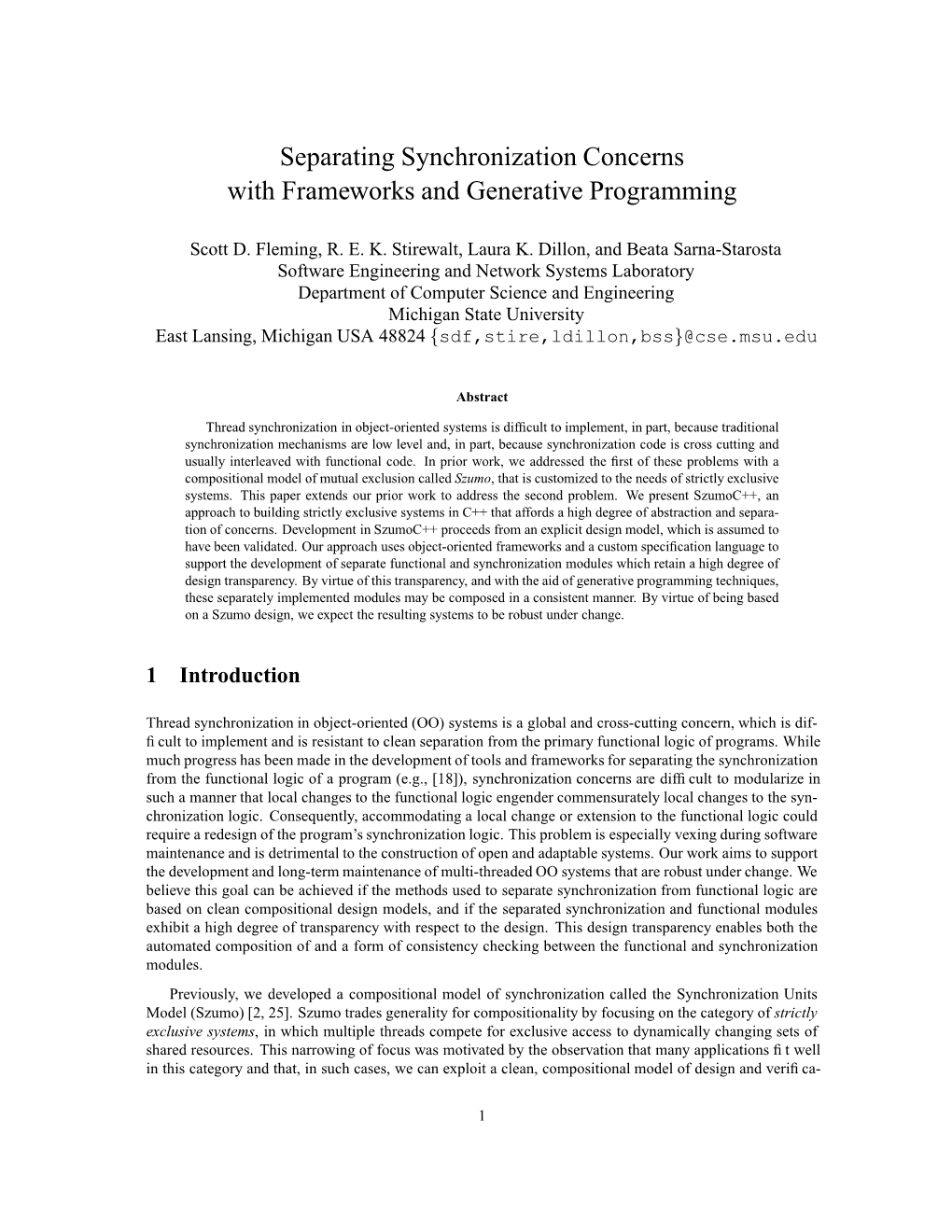 Separating Synchronization Concerns with Frameworks and Generative Programming