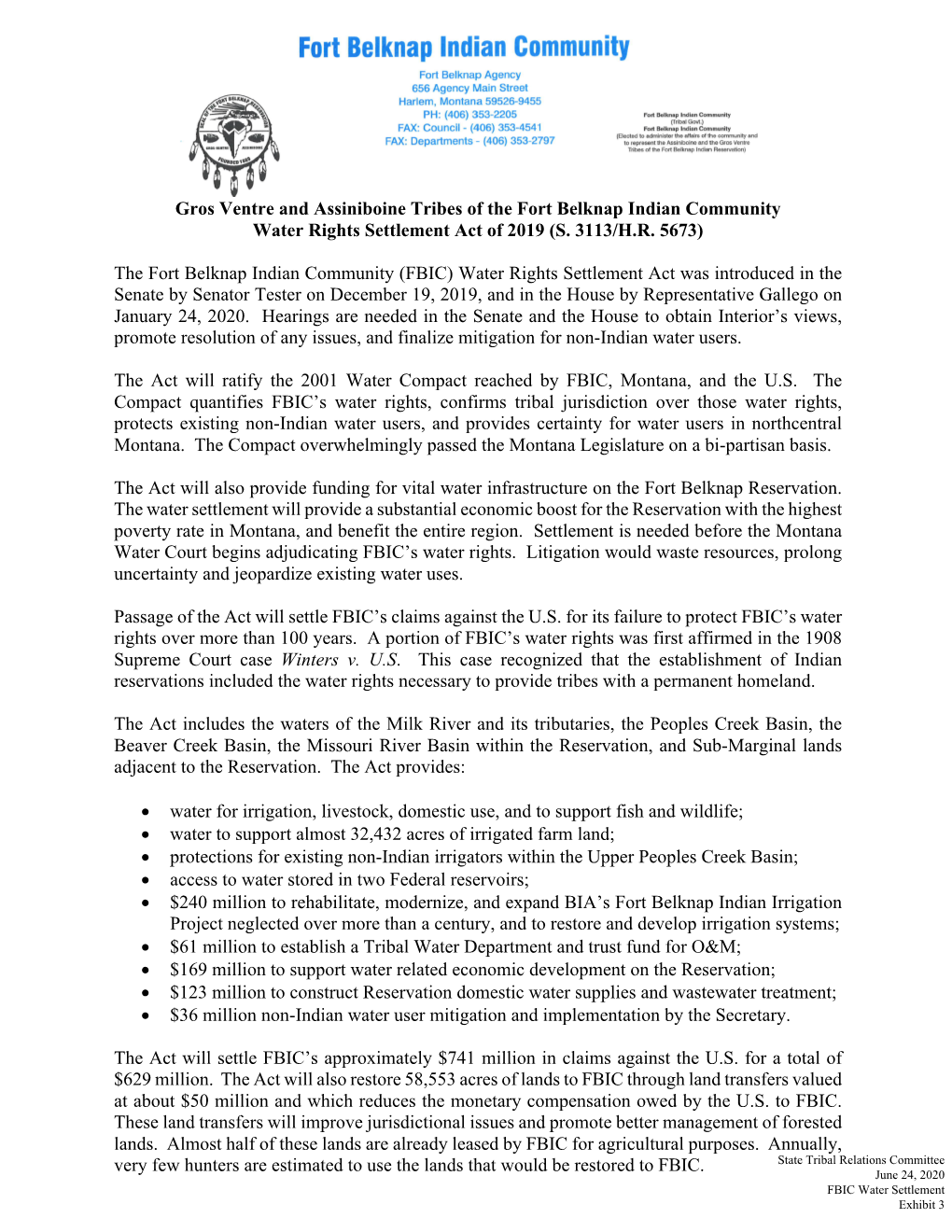 Gros Ventre and Assiniboine Tribes of the Fort Belknap Indian Community Water Rights Settlement Act of 2019 (S. 3113/H.R. 5673)