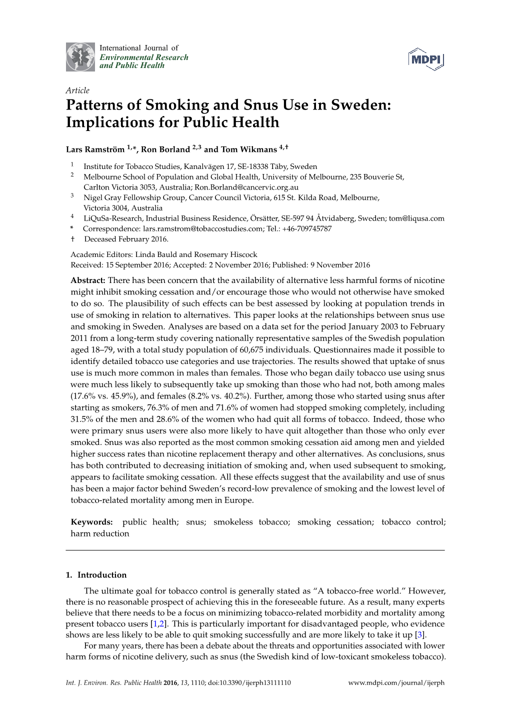 Patterns of Smoking and Snus Use in Sweden: Implications for Public Health