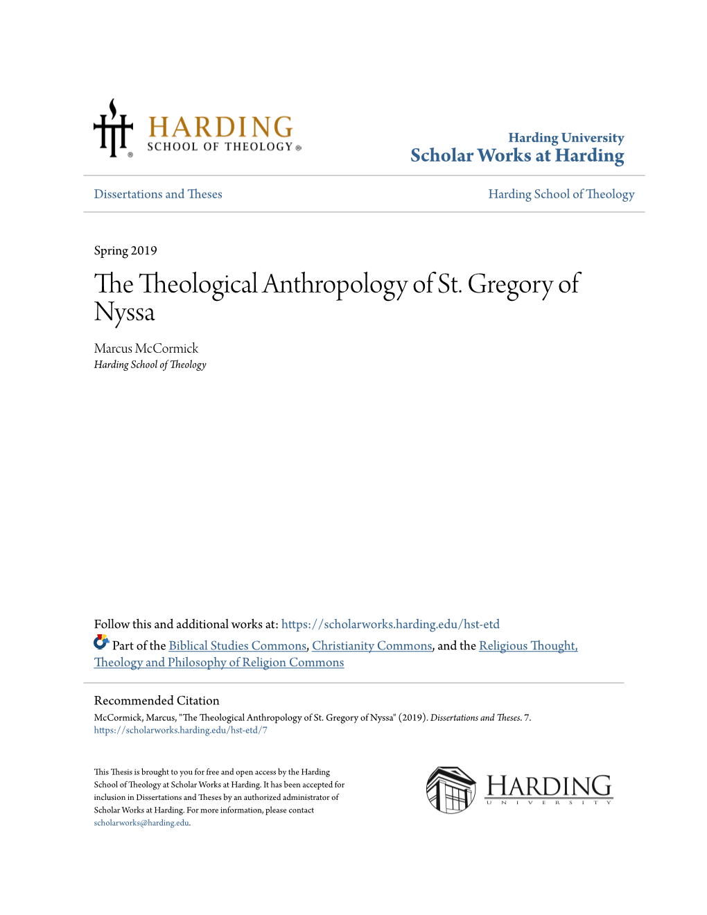 The Theological Anthropology of St. Gregory of Nyssa Marcus Mccormick Harding School of Theology