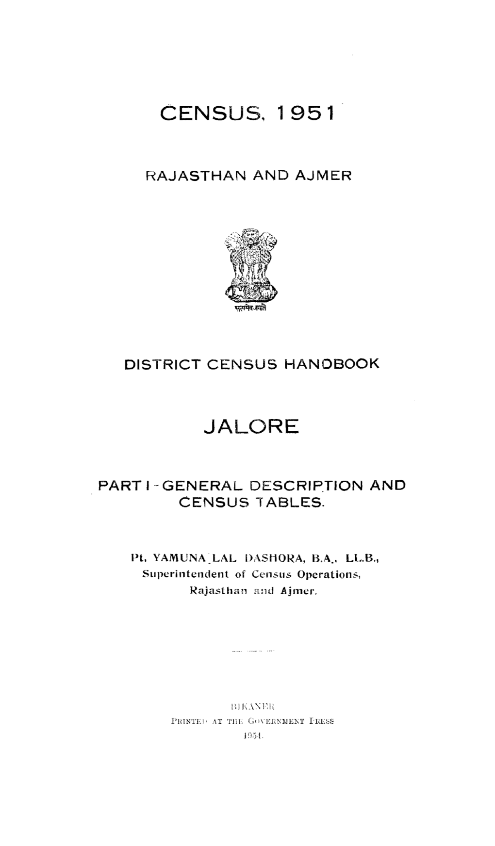 District Census Handbook, Jalore, Part I, Rajasthan and Ajmer