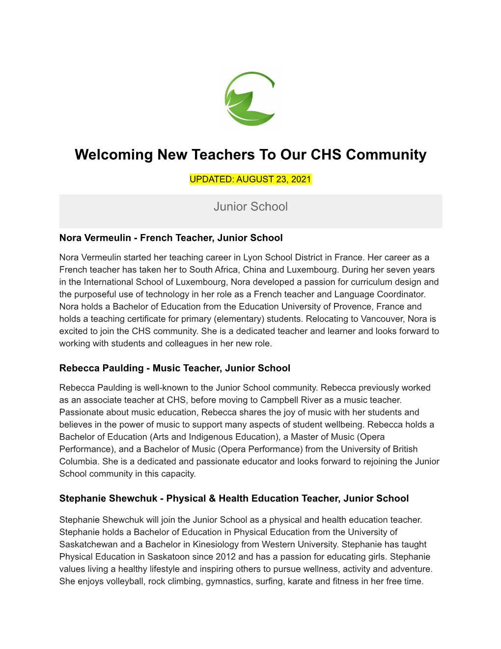 Welcoming New Teachers to Our CHS Community