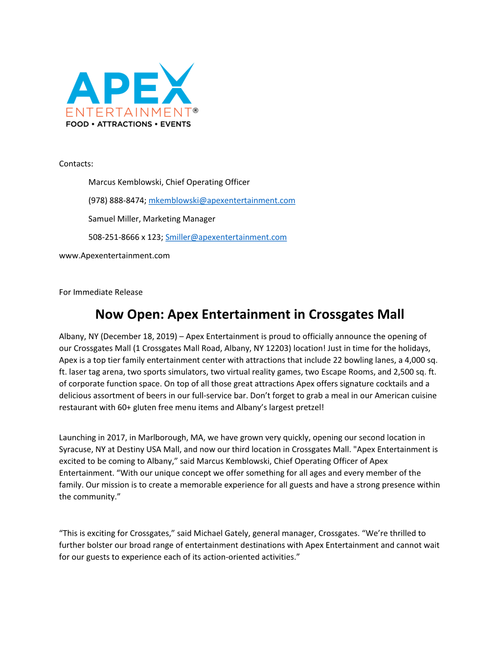 Now Open: Apex Entertainment in Crossgates Mall