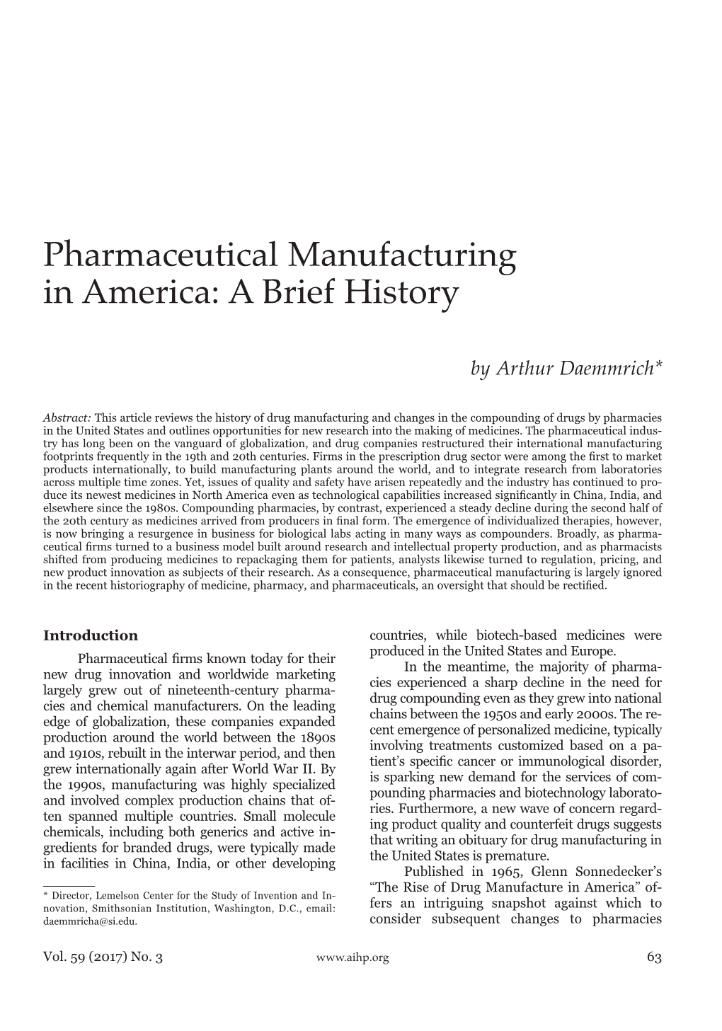 Pharmaceutical Manufacturing in America: a Brief History