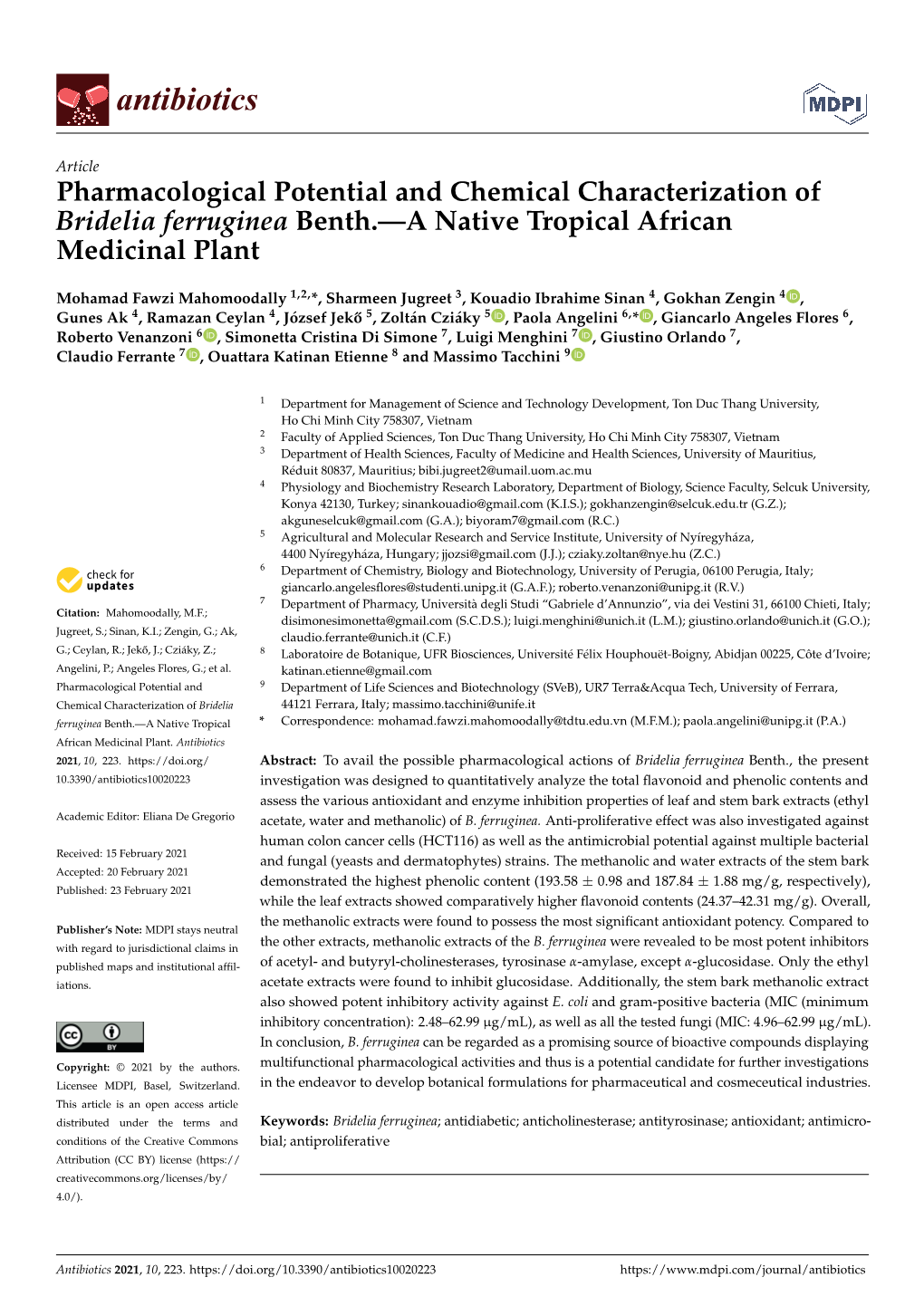 Pharmacological Potential and Chemical Characterization of Bridelia Ferruginea Benth.—A Native Tropical African Medicinal Plant