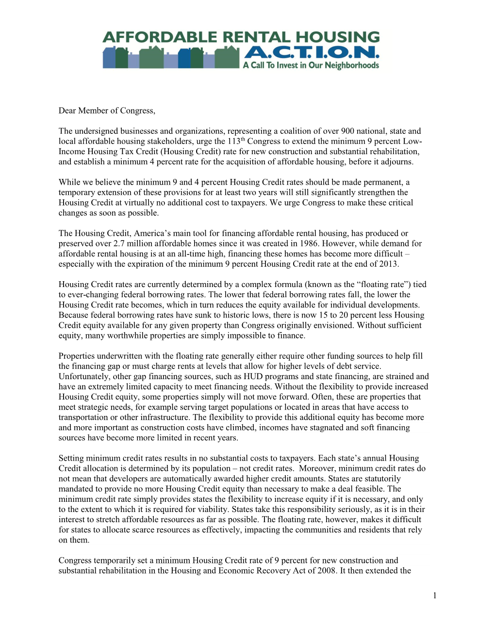 ACTION Tax Extenders Letter Supporting the LIHTC Program