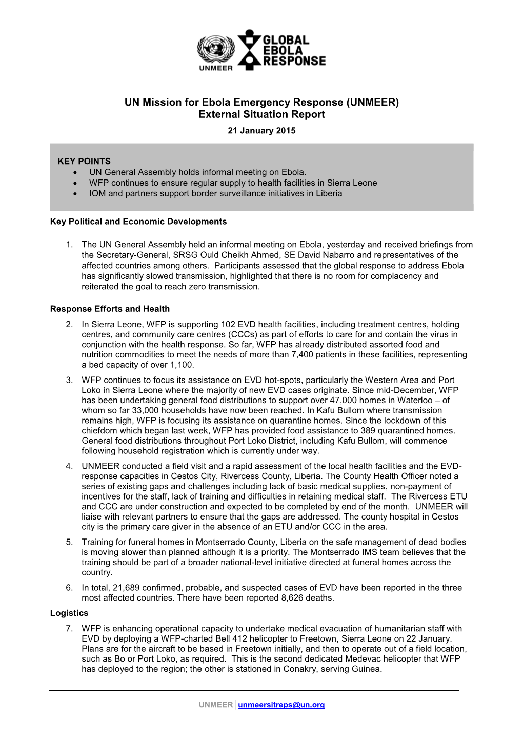 UN Mission for Ebola Emergency Response (UNMEER) External Situation Report 21 January 2015