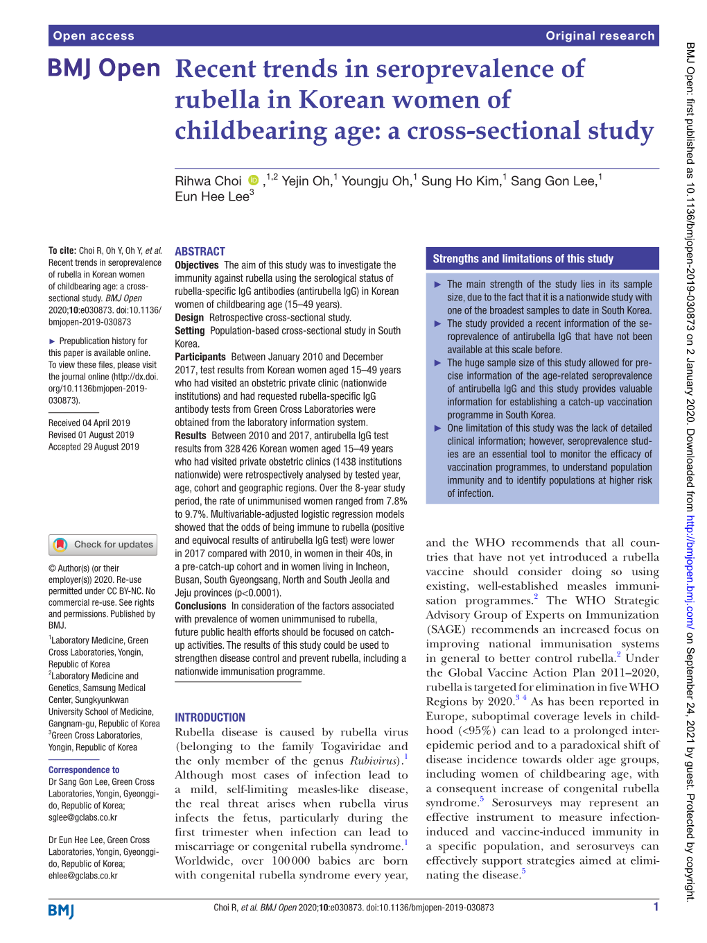 Recent Trends in Seroprevalence of Rubella in Korean Women of Childbearing Age: a Cross-­Sectional Study