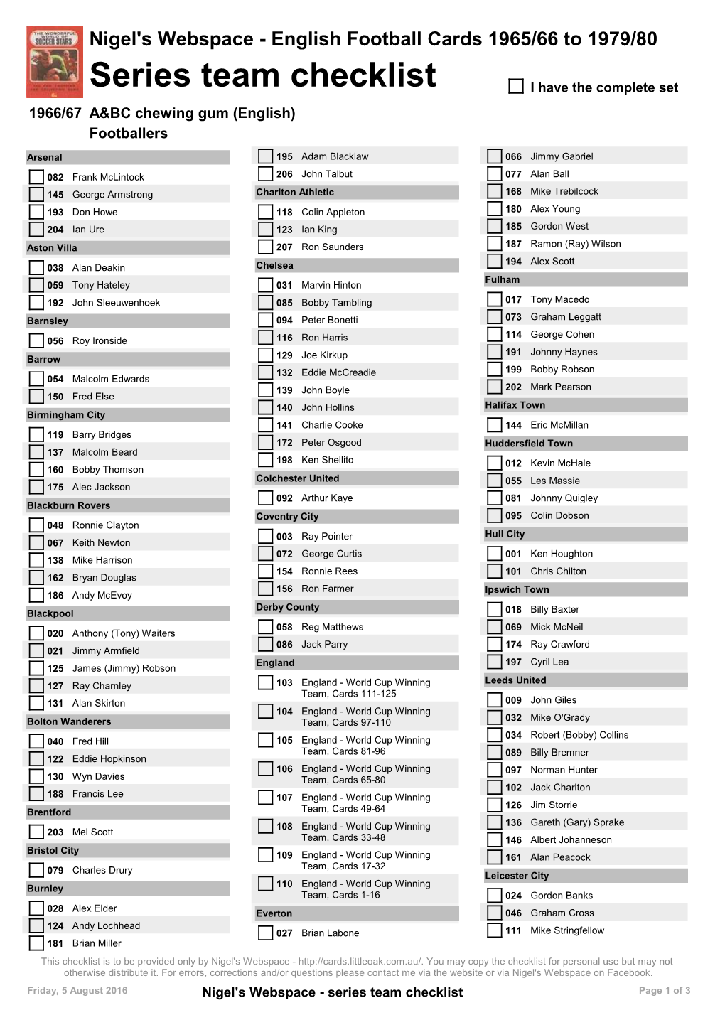 Series Team Checklist I Have the Complete Set 1966/67 A&BC Chewing Gum (English) Footballers