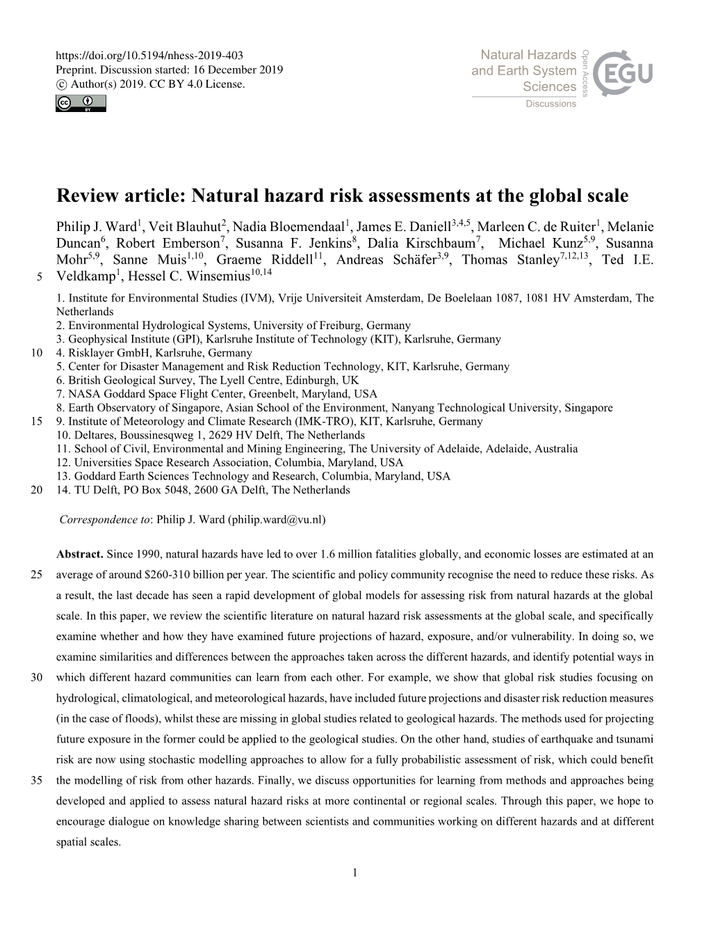 Review Article: Natural Hazard Risk Assessments at the Global Scale Philip J