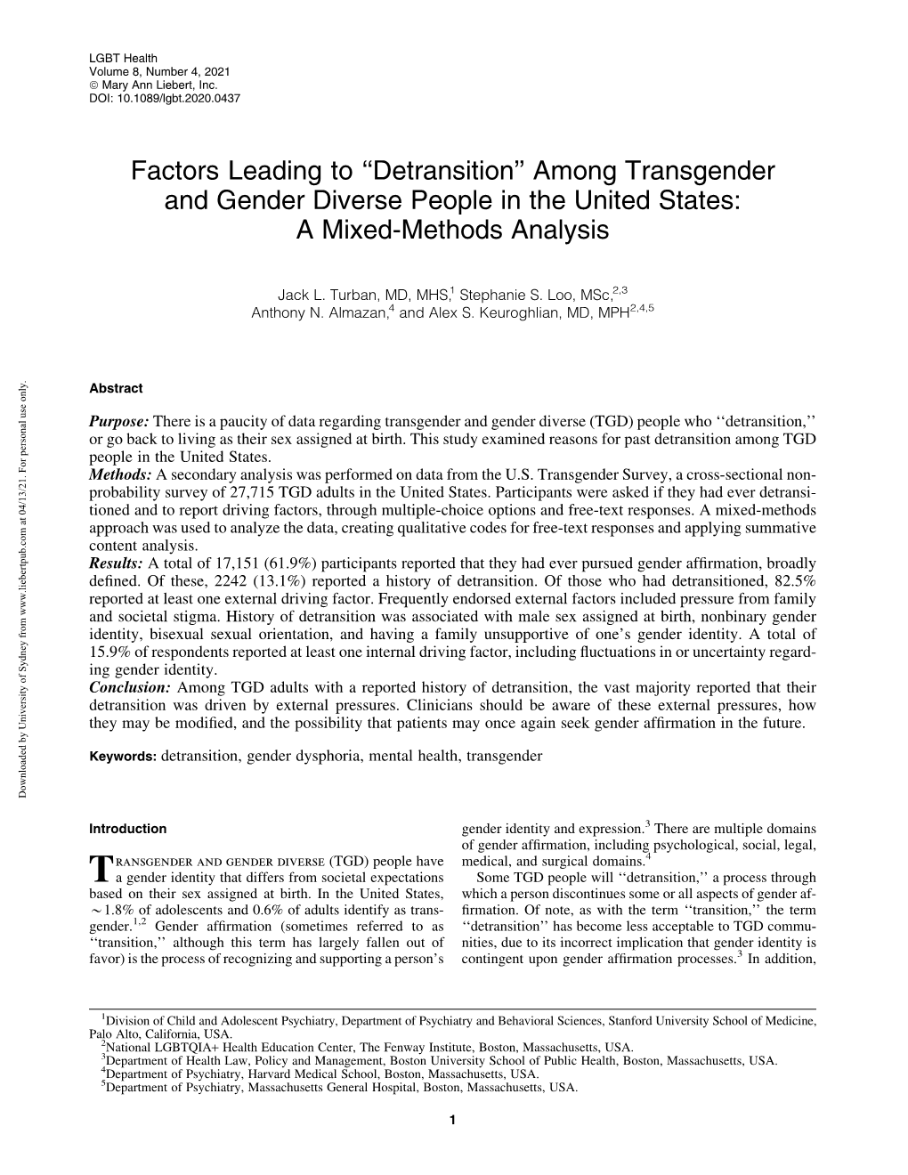 Detransition’’ Among Transgender and Gender Diverse People in the United States: a Mixed-Methods Analysis