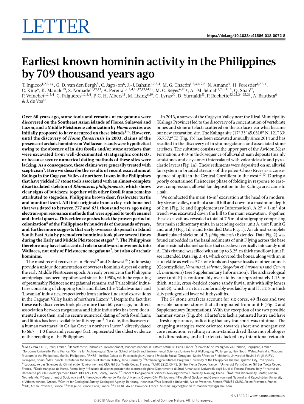 Earliest Known Hominin Activity in the Philippines by 709 Thousand Years Ago T