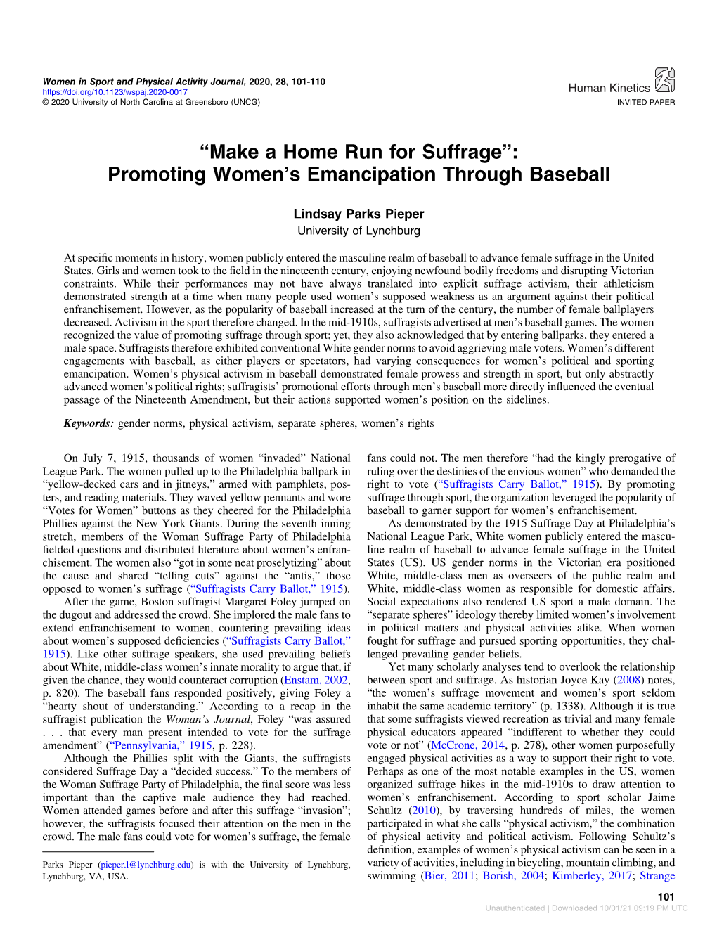 “Make a Home Run for Suffrage”: Promoting Women's Emancipation
