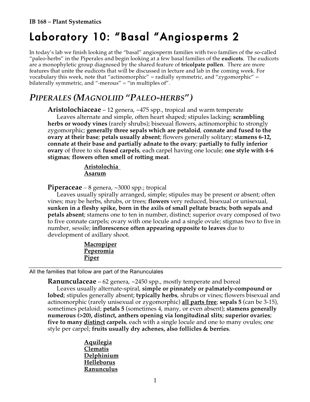 Laboratory 10: “Basal “Angiosperms 2