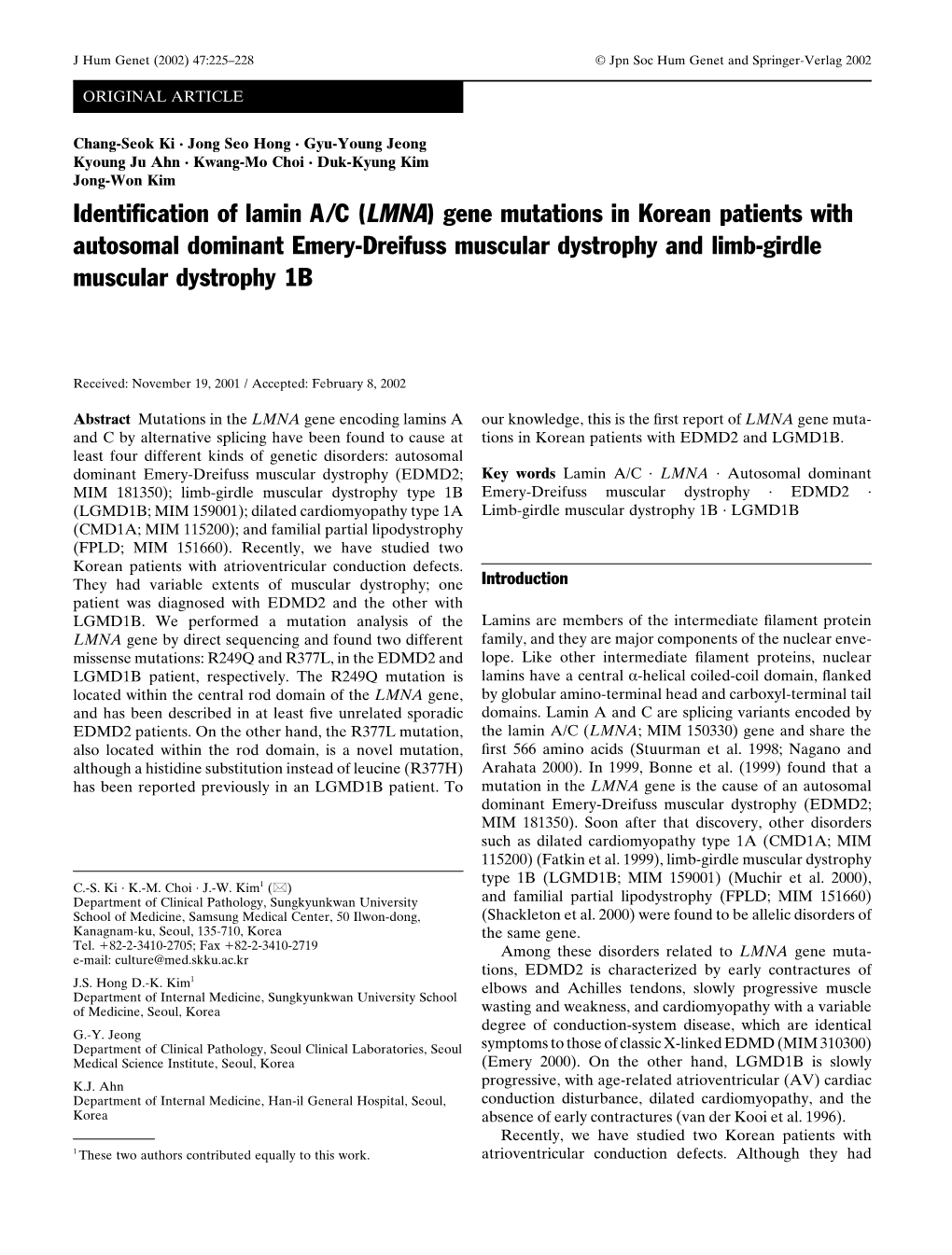 Identification of Lamin A/C (LMNA) Gene Mutations in Korean Patients with Autosomal Dominant Emery-Dreifuss Muscular Dystrophy and Limb-Girdle Muscular Dystrophy 1B