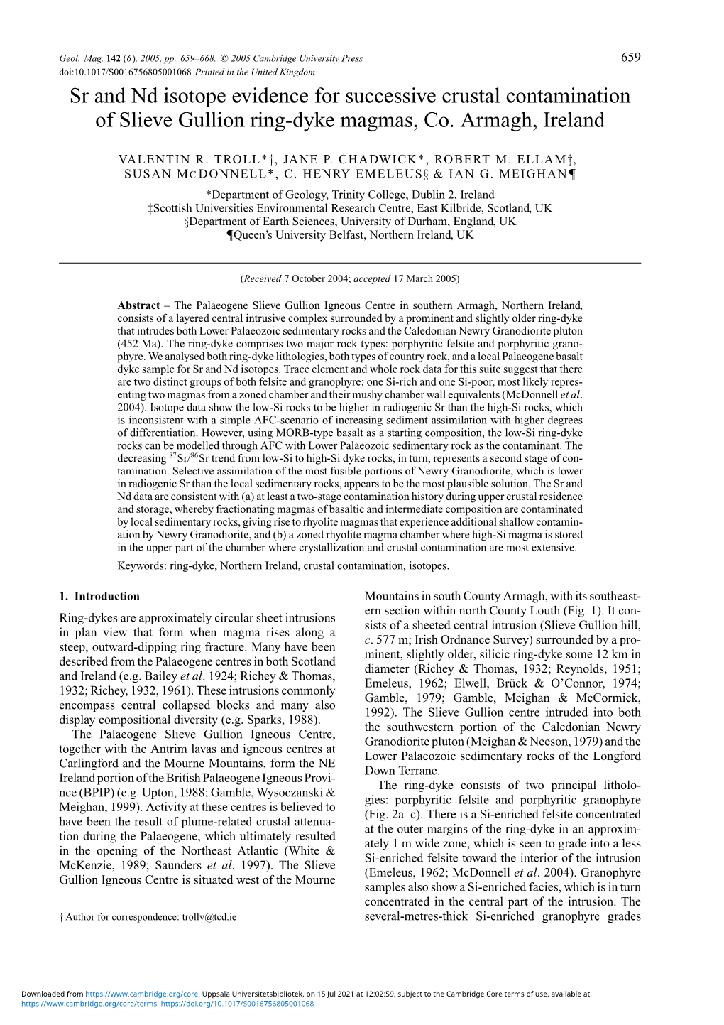 Sr and Nd Isotope Evidence for Successive Crustal Contamination of Slieve Gullion Ring-Dyke Magmas, Co