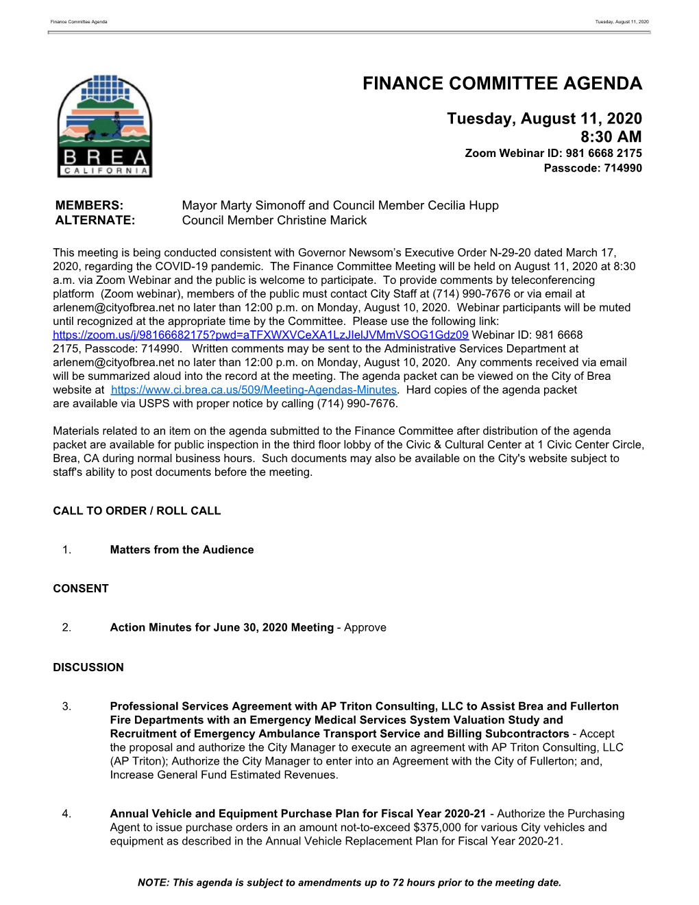 Finance Committee Agenda Tuesday, August 11, 2020