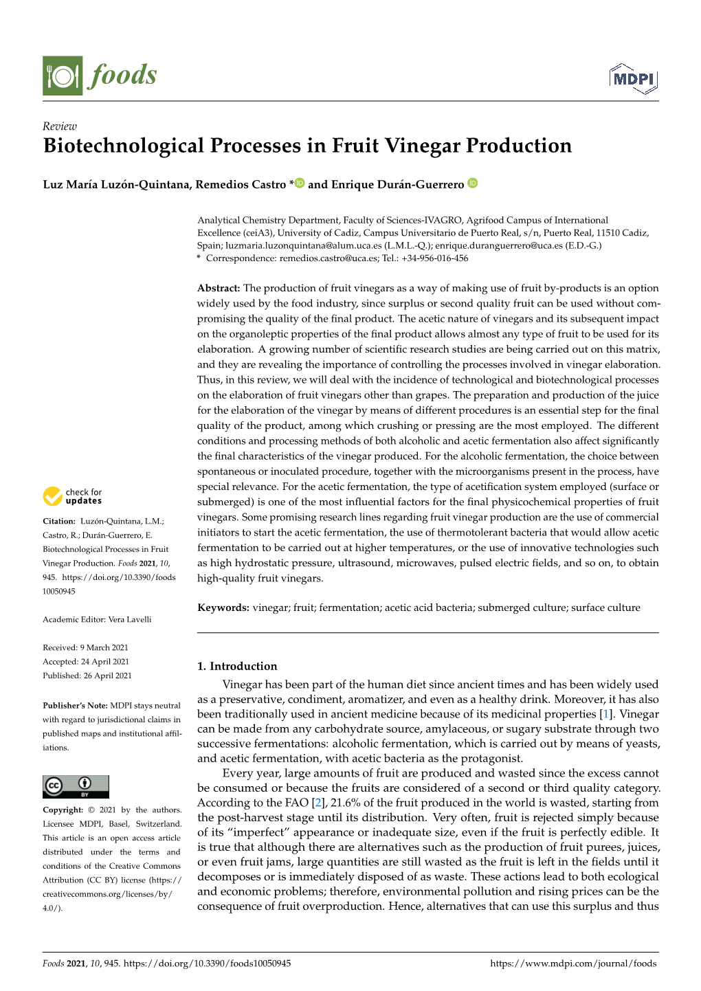 Biotechnological Processes in Fruit Vinegar Production