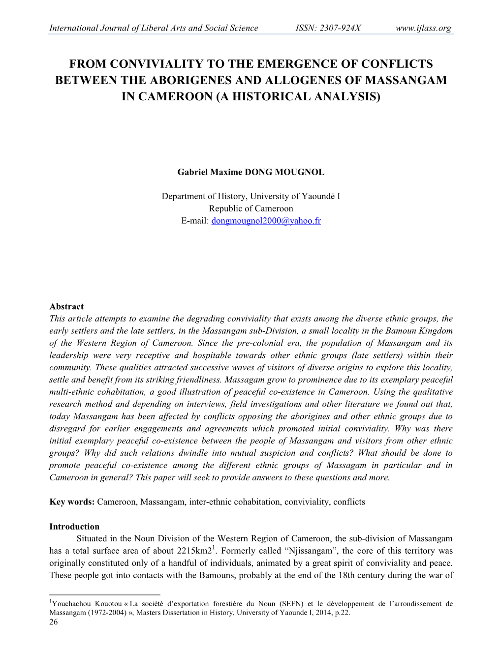 From Conviviality to the Emergence of Conflicts Between the Aborigenes and Allogenes of Massangam in Cameroon (A Historical Analysis)