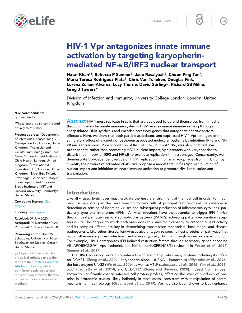 HIV-1 Vpr Antagonizes Innate Immune Activation by Targeting