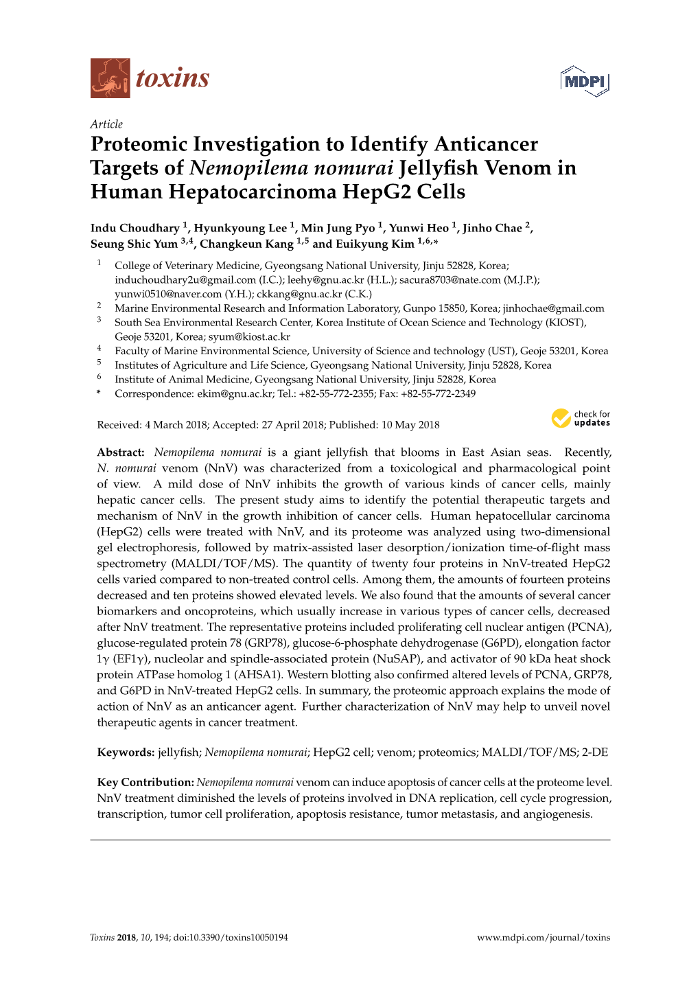 Proteomic Investigation to Identify Anticancer Targets of Nemopilema Nomurai Jellyﬁsh Venom in Human Hepatocarcinoma Hepg2 Cells