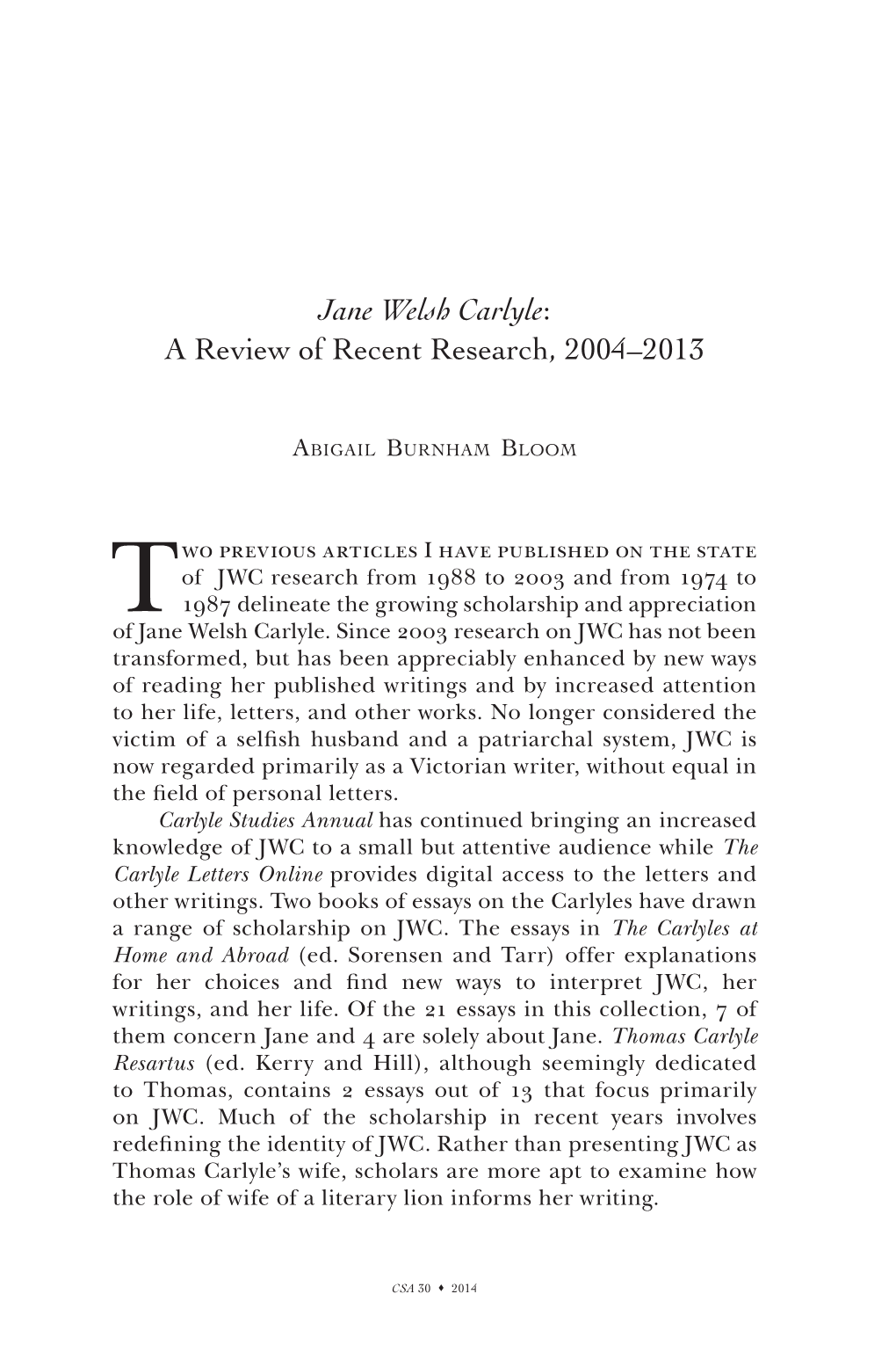 Jane Welsh Carlyle: a Review of Recent Research, 2004–2013